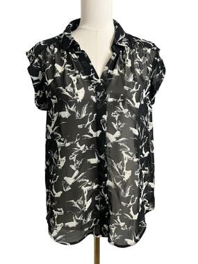 Philosophy Republic Black White Abstract Bird Print Sheer Blouse Small Top Shirt